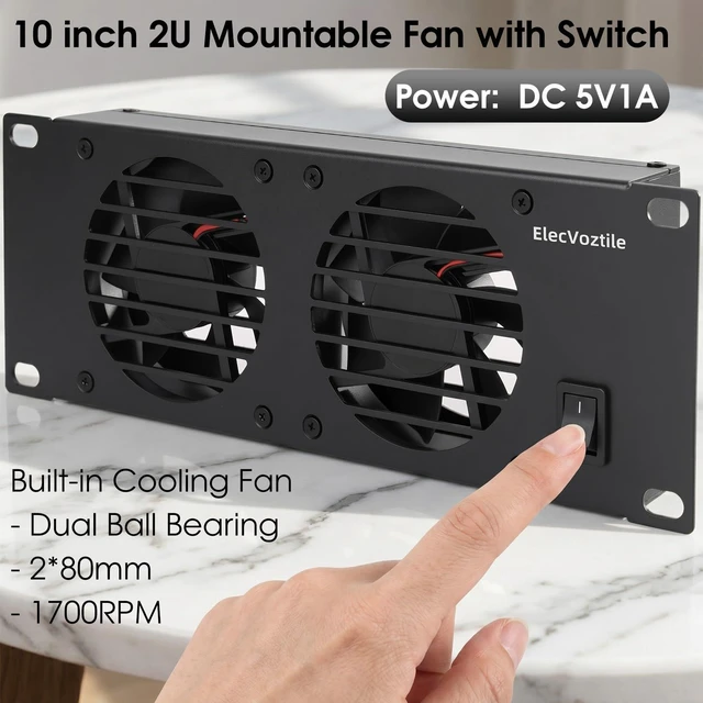 Alt view image 2 of 5 - 10 inch 2U Rack Mount Fan Panel with Switch, Metal Case | 5V Adapter Included, 2-Fan, Exhaust Cooling, Ideal for 8U+ Mini Server Rack