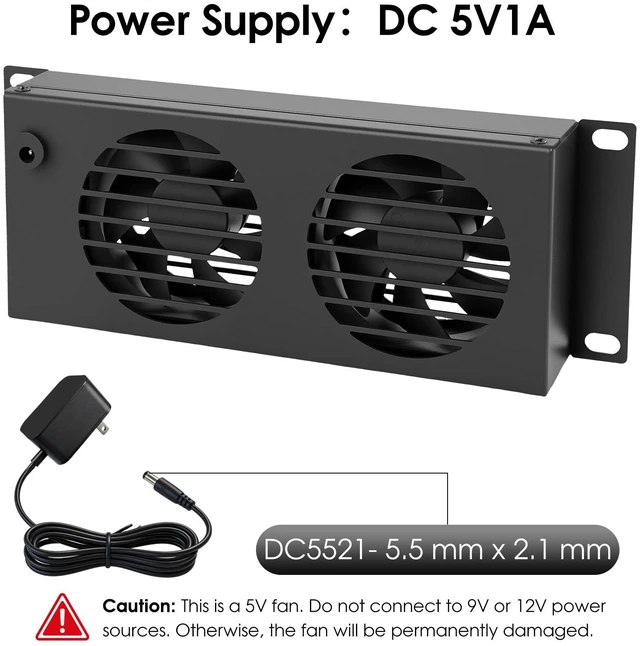 Alt view image 3 of 5 - 10 inch 2U Rack Mount Fan Panel with Switch, Metal Case | 5V Adapter Included, 2-Fan, Exhaust Cooling, Ideal for 8U+ Mini Server Rack