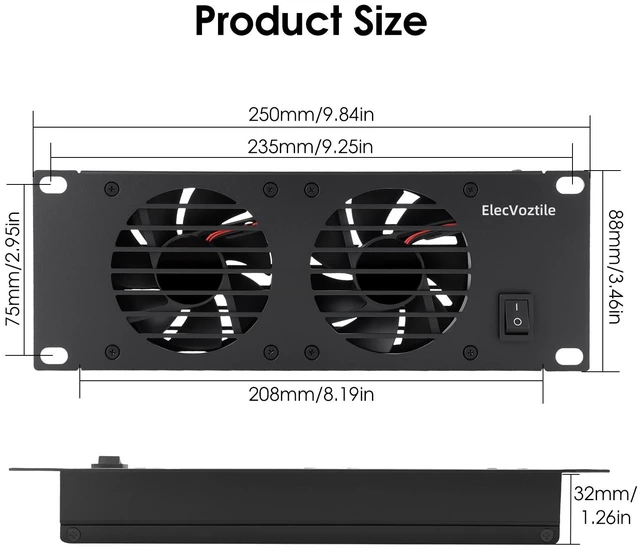 Alt view image 4 of 5 - 10 inch 2U Rack Mount Fan Panel with Switch, Metal Case | 5V Adapter Included, 2-Fan, Exhaust Cooling, Ideal for 8U+ Mini Server Rack