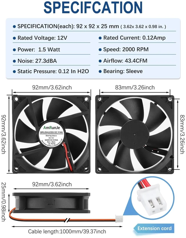 Alt view image 2 of 6 - Small Cooling Fan 92mm DC Brushless Fans 2PACKS, 2Pin 12v 2000rpm | Computer Case Fan for Laptop, Server, RV Refrigerator, Mini PC, DIY,3D Printer, Amplifier, Electronics Cabinet
