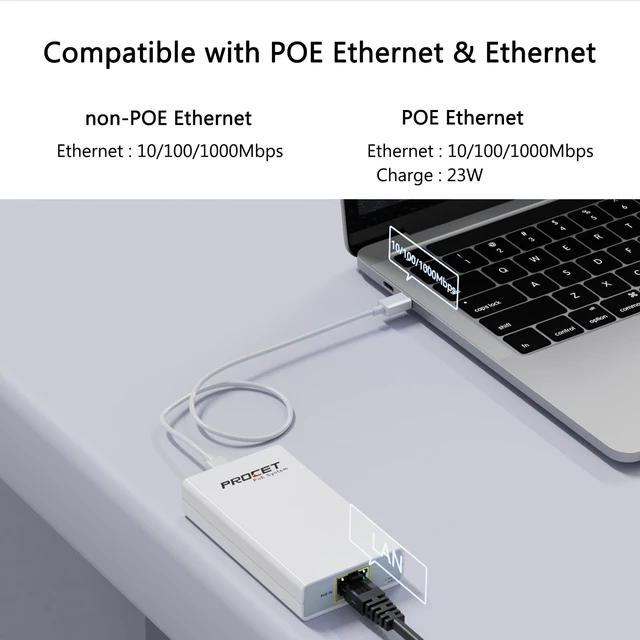 Alt view image 3 of 5 - Gigabit PoE to USB C Converter, USB-C to Ethernet Adapter with 23W Charging | Power & Data 2-in-1 RJ45 Port to Type-C Adapter for Smart Phone/Tablet, 10/100/1000Mbps High Speed Plug & Play,IEEE802.3at