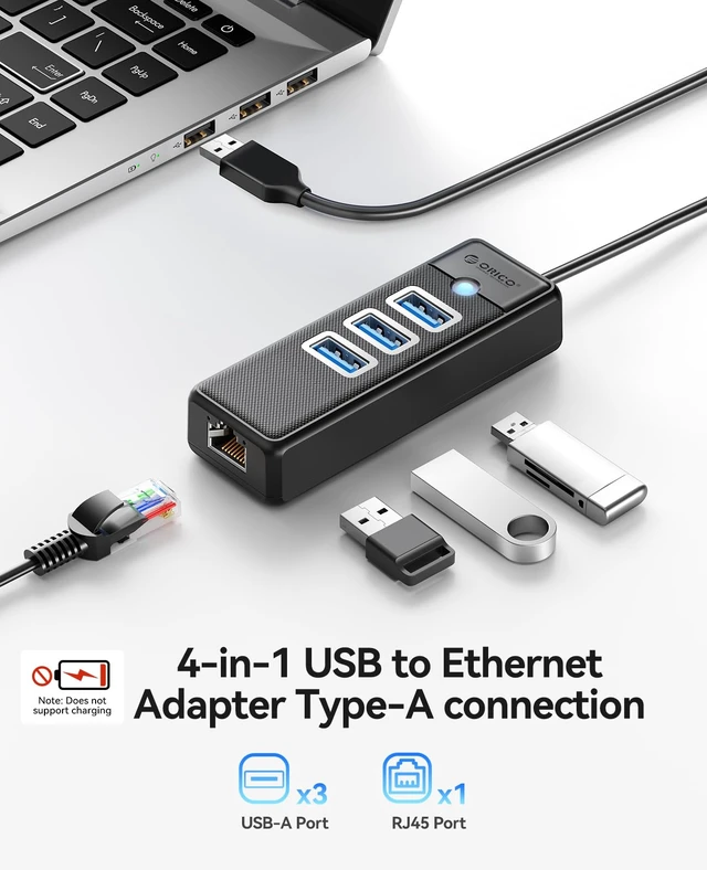 Alt view image 2 of 7 - USB to Ethernet Hub with 50cm Cable, 3 Ports USB Hub with RJ45 | Multiports Network Adapter with 3xUSB-A 3.0, RJ45 Gigabit, 5Gbps USB-Splitter for Windows, Mac OS, MacBook, Laptop