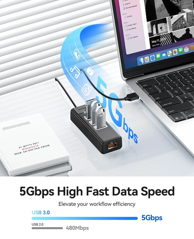 Alt view image 4 of 7 - USB to Ethernet Hub with 50cm Cable, 3 Ports USB Hub with RJ45 | Multiports Network Adapter with 3xUSB-A 3.0, RJ45 Gigabit, 5Gbps USB-Splitter for Windows, Mac OS, MacBook, Laptop
