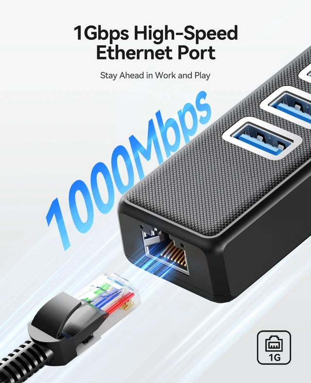 Alt view image 3 of 7 - USB to Ethernet Hub with 50cm Cable, 3 Ports USB Hub with RJ45 | Multiports Network Adapter with 3xUSB-A 3.0, RJ45 Gigabit, 5Gbps USB-Splitter for Windows, Mac OS, MacBook, Laptop