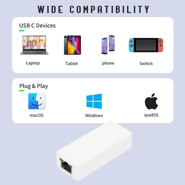 Alt view image 2 of 7 - to USB C Converter, USB-C to Ethernet Adapter with 10W Charging | Power & Data 2-in-1 RJ45 Port to Type-C Adapter for Smart Phone/Tablet, 10/100Mbps High Speed Plug & Play,IEEE802.3af
