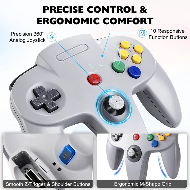 Alt view image 2 of 7 - 4 Pack Classic N64 Controller, Wired Classic N64 Gamepad with Upgraded Joystick(Non PC USB Version) (Black/Gray/Red/Blue)