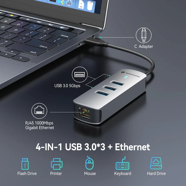 Alt view image 3 of 7 - 4-in-1 USB-C to Ethernet Adapter with 2.5Gbps Gigabit Ethernet 3X USB-A 3.0 Ports, Aluminum LAN Converter, Plug and Play for MacBook Pro/Air, XPS, Windows, Mac OS, Linux, NAS