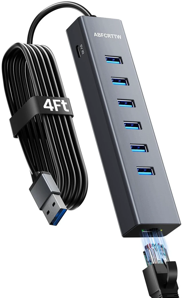 Main image of 4FT USB to Ethernet Adapter with 1Gbps Ethernet & 6 USB 3.0 Port | 7-in-1 USB Hub 3.0 Multiport Adapter, USB Ethernet Adapter for Desktop, Laptop, MacBook, XPS Windows