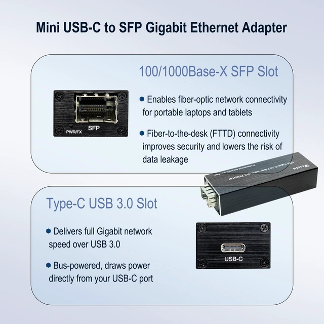 Alt view image 3 of 7 - Mini USB 3.0 to SFP Gigabit Ethernet Adapter Fiber Optic Network Adapter Network Interface Card Compatible with Windows/macOS/Linux,High Performance Transfer Rate,Full/Half Duplex