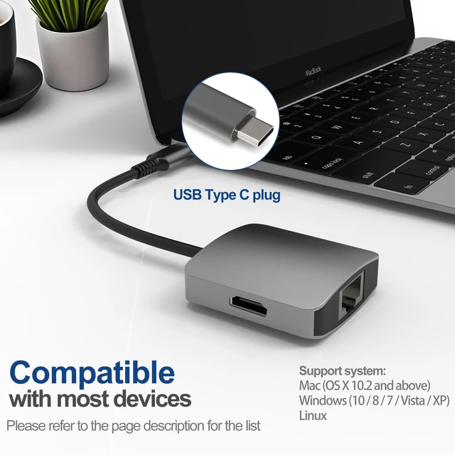 Alt view image 2 of 6 - USB-C to HDMI & Ethernet Cable Hub Adapter 4K HDMI, Ethernet 100M LAN, Aluminum Portable Type-C Hub for MacBook Pro/Air, iPad Pro, XPS, MateBook & More