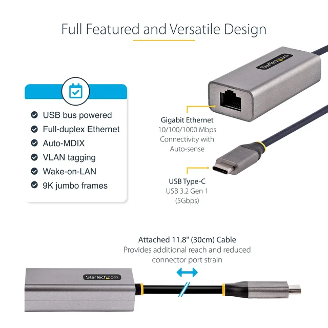 Alt view image 4 of 6 - USB-C to Ethernet Adapter, 10/100/1000Mbps, 12in Attached Cable | USB 3.0 to Gigabit Ethernet Network Adapter, Driverless Install, US1GC30B2