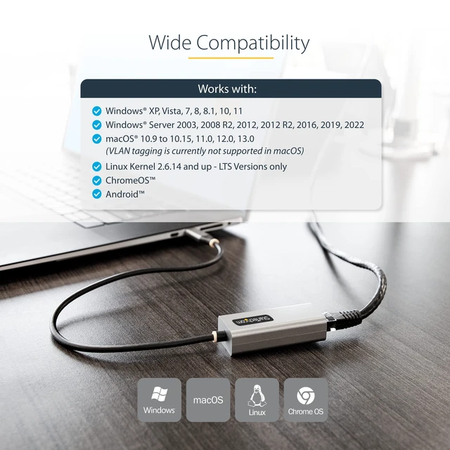 Alt view image 5 of 6 - USB-C to Ethernet Adapter, 10/100/1000Mbps, 12in Attached Cable | USB 3.0 to Gigabit Ethernet Network Adapter, Driverless Install, US1GC30B2
