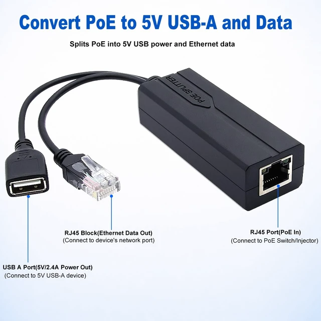 Alt view image 3 of 7 - Active PoE Splitter USB A 5V 2.4A, USB Female Power Over Ethernet Adapter IEEE 802.3af/at Compliant 48V to 5V, 10/100Mbps Isolated PoE to USB Type A Adapter for USB Cameras, Fire Stick, Tablet Mounts
