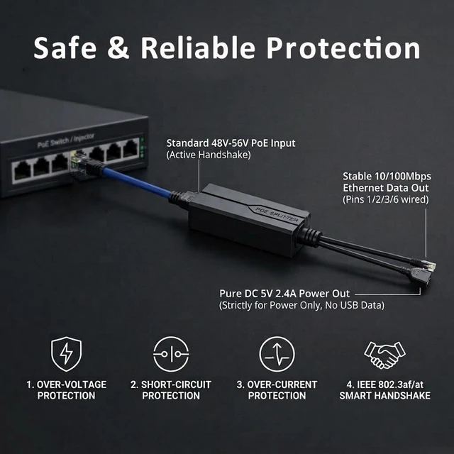 Alt view image 6 of 7 - Active PoE Splitter USB A 5V 2.4A, USB Female Power Over Ethernet Adapter IEEE 802.3af/at Compliant 48V to 5V, 10/100Mbps Isolated PoE to USB Type A Adapter for USB Cameras, Fire Stick, Tablet Mounts