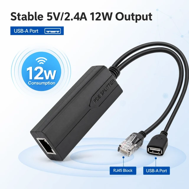 Alt view image 4 of 7 - Active PoE Splitter USB A 5V 2.4A, USB Female Power Over Ethernet Adapter IEEE 802.3af/at Compliant 48V to 5V, 10/100Mbps Isolated PoE to USB Type A Adapter for USB Cameras, Fire Stick, Tablet Mounts