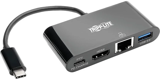 Main image of USB-C Multiport Adapter Converter Docking Station, HDMI 4K @ 30Hz Video, USB-A Hub, Gigabit Ethernet, 60W Charging, Thunderbolt 3 USB-C Compatible, Black, 3-Year Warranty (U444-06N-H4GUBC)