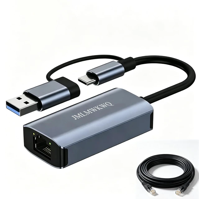 Main image of USB-A & USB-C to Ethernet Adapter, Aluminum Wired Network Dongle | Plug and Play Portable RJ45 Dongle for Nintendo Switch, Laptop, MacBook, Surface Pro, Windows. (With 6.6ft Ethernet Cable)