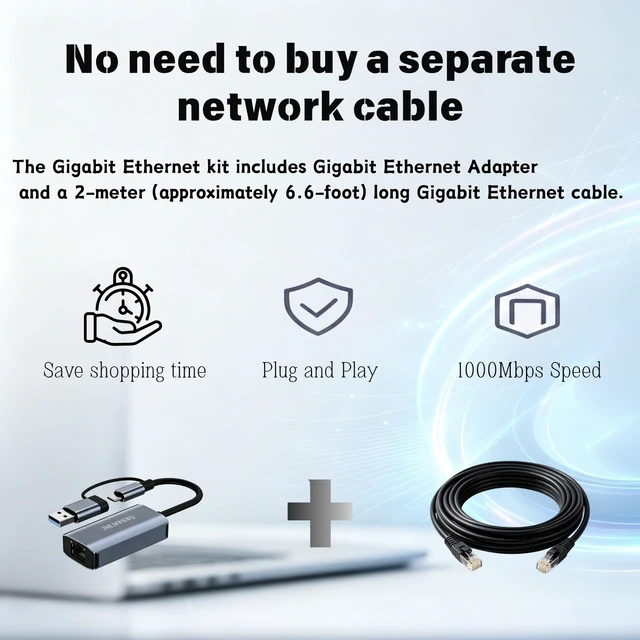 Alt view image 2 of 7 - USB-A & USB-C to Ethernet Adapter, Aluminum Wired Network Dongle | Plug and Play Portable RJ45 Dongle for Nintendo Switch, Laptop, MacBook, Surface Pro, Windows. (With 6.6ft Ethernet Cable)
