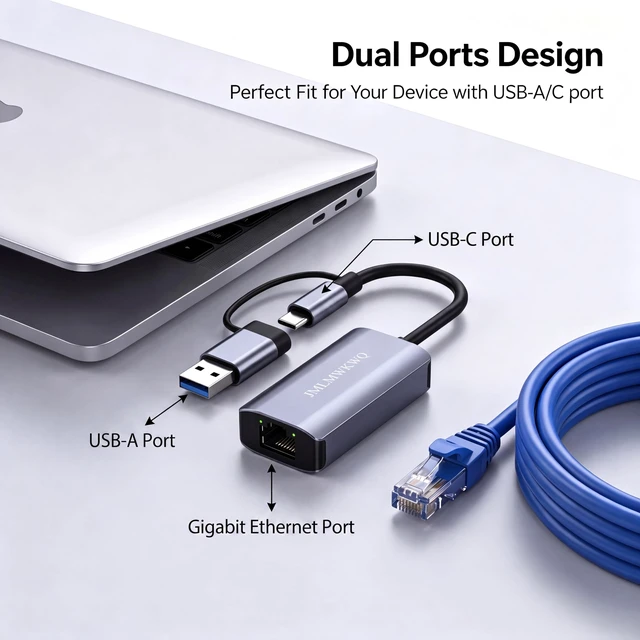 Alt view image 3 of 7 - USB-A & USB-C to Ethernet Adapter, Aluminum Wired Network Dongle | Plug and Play Portable RJ45 Dongle for Nintendo Switch, Laptop, MacBook, Surface Pro, Windows. (With 6.6ft Ethernet Cable)