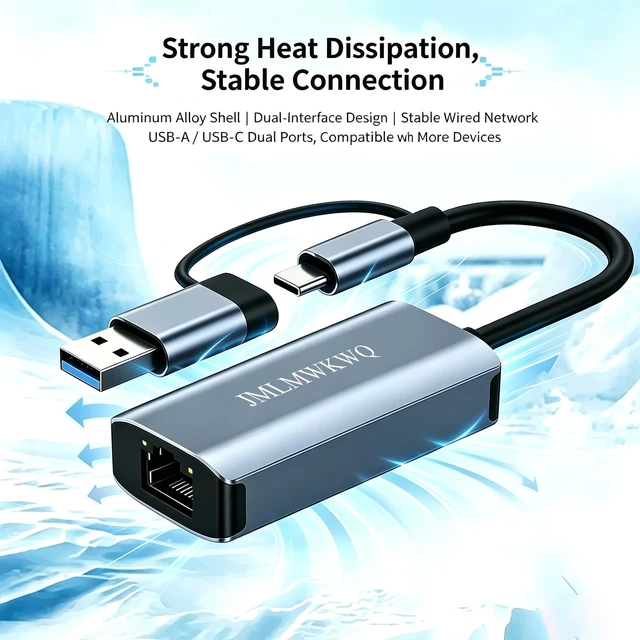 Alt view image 6 of 7 - USB-A & USB-C to Ethernet Adapter, Aluminum Wired Network Dongle | Plug and Play Portable RJ45 Dongle for Nintendo Switch, Laptop, MacBook, Surface Pro, Windows. (With 6.6ft Ethernet Cable)