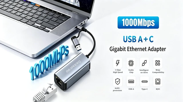 Alt view image 7 of 7 - USB-A & USB-C to Ethernet Adapter, Aluminum Wired Network Dongle | Plug and Play Portable RJ45 Dongle for Nintendo Switch, Laptop, MacBook, Surface Pro, Windows. (With 6.6ft Ethernet Cable)