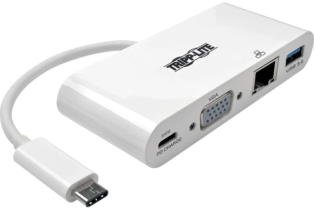 Main image of USB-C Multiport Adapter Converter Docking Station, VGA 1080p @ 60Hz, USB-A Hub, 60W PD Charging Port, Gigabit Ethernet, Thunderbolt 3 Compatible, White, 3-Year Warranty (U444-06N-VGU-C)