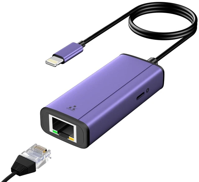 Main image of 2-in-1 Lightning to Ethernet Adapter with Charging Port | Compatible with iPhone & iPad, Supports 10/100/1000 Mbps Gigabit Network, Purple