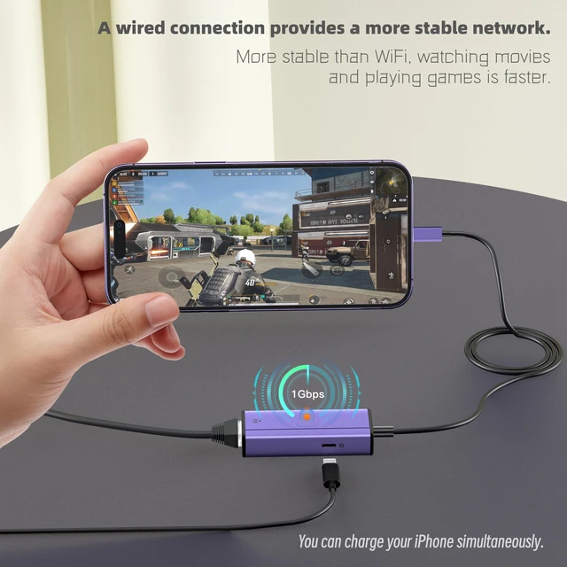 Alt view image 4 of 7 - 2-in-1 Lightning to Ethernet Adapter with Charging Port | Compatible with iPhone & iPad, Supports 10/100/1000 Mbps Gigabit Network, Purple