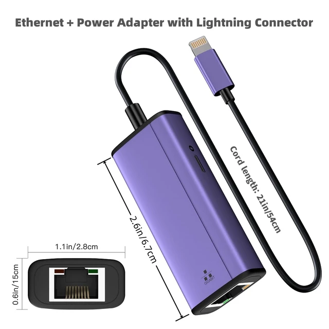 Alt view image 7 of 7 - 2-in-1 Lightning to Ethernet Adapter with Charging Port | Compatible with iPhone & iPad, Supports 10/100/1000 Mbps Gigabit Network, Purple