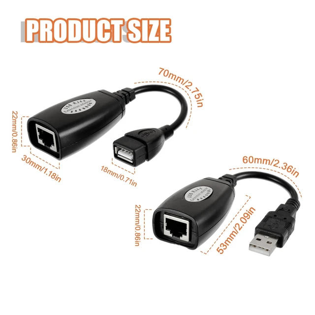 Alt view image 2 of 7 - 2 Pairs USB RJ45 Extension Adapter, USB 2.0 to RJ45 LAN Extension | Adapter Over Cat5/Cat5e/Cat6 Cable Connector Compatible with Computers, Mobile Phones, Keyboards, U Disks, Printers
