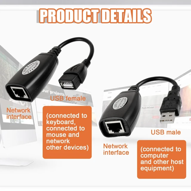 Alt view image 3 of 7 - 2 Pairs USB RJ45 Extension Adapter, USB 2.0 to RJ45 LAN Extension | Adapter Over Cat5/Cat5e/Cat6 Cable Connector Compatible with Computers, Mobile Phones, Keyboards, U Disks, Printers
