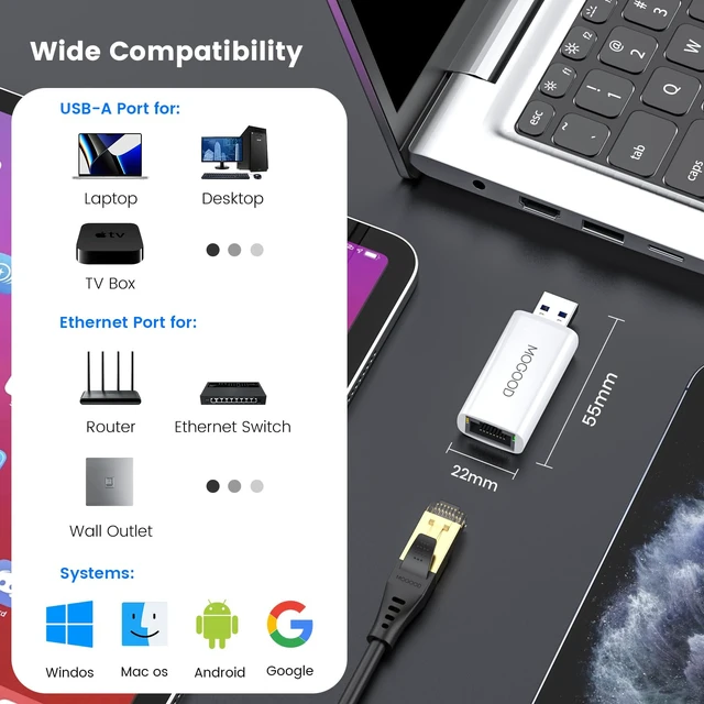 Alt view image 6 of 6 - USB 3.0 to Gigabit Ethernet Adapter USB to RJ45 Network | Network Adapter for Laptop Chromebook Mac Surface Pro Fire TV Switch, 1000 Mbps, Plug and Play, Data Transfer