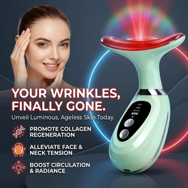 Alt view image 3 of 7 - 3-in-1 Facial Massager for Face Neck and Scalp (Green) | 7-Color LED Light Heating and Vibration, 3 Massage Heads, Birthday,Christmas Skin Care Beauty Gift for Women Men