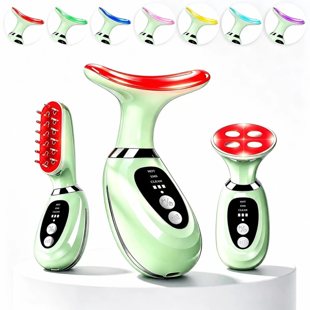 Main image of 3-in-1 Facial Massager for Face Neck and Scalp (Green) | 7-Color LED Light Heating and Vibration, 3 Massage Heads, Birthday,Christmas Skin Care Beauty Gift for Women Men