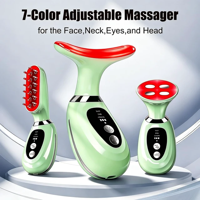 Alt view image 2 of 7 - 3-in-1 Facial Massager for Face Neck and Scalp (Green) | 7-Color LED Light Heating and Vibration, 3 Massage Heads, Birthday,Christmas Skin Care Beauty Gift for Women Men