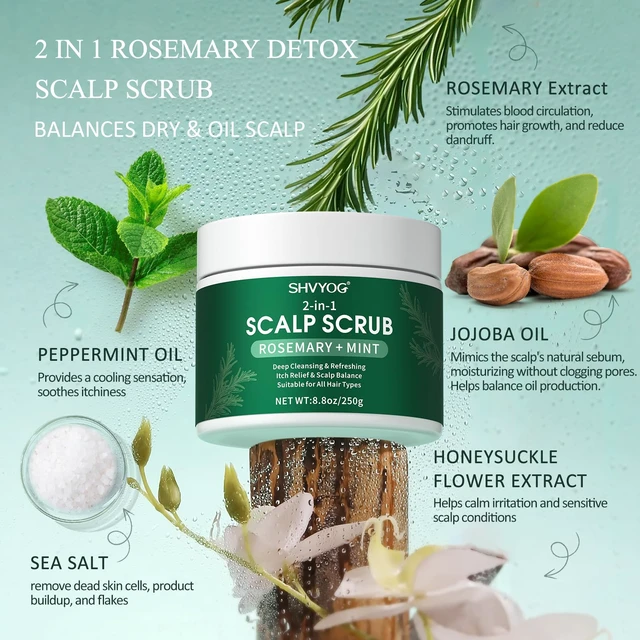 Alt view image 2 of 7 - Scalp Scrub, Anti-Dandruff Rosemary Exfoliator Scrub with Scalp Massager | Infused with Peppermint & Sea Salt, Detox Clarifying Exfoliator Shampoo for Deep Scalp Cleanse