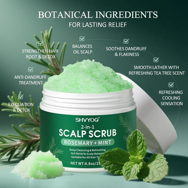 Alt view image 3 of 7 - Scalp Scrub, Anti-Dandruff Rosemary Exfoliator Scrub with Scalp Massager | Infused with Peppermint & Sea Salt, Detox Clarifying Exfoliator Shampoo for Deep Scalp Cleanse