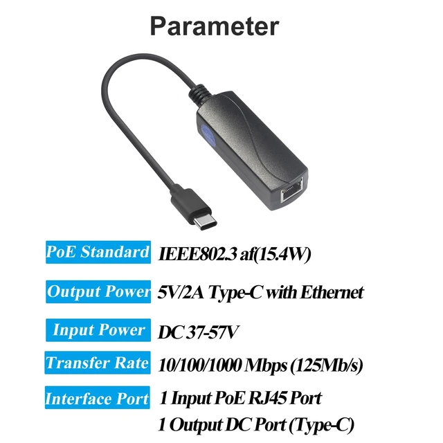 Alt view image 2 of 7 - 10W Gigabit PoE to USB-C Driver Converter | PoE to Type-C Power Output with Ethernet Adapter, 5V/2A Output, IEEE802.3af Wired Broadband and PD Charging for Phone(GP2C5V)