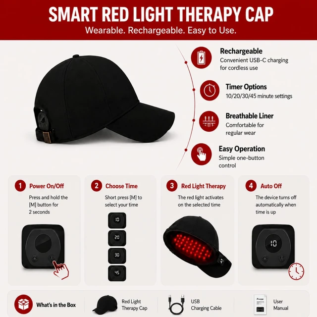 Alt view image 2 of 6 - Cordless Red Light Hair Growth Cap, 96 LEDs with Auto Timer | 660nm + 850nm light, 4 brightness levels and timed auto-off. Lightweight, breathable and hands-free.