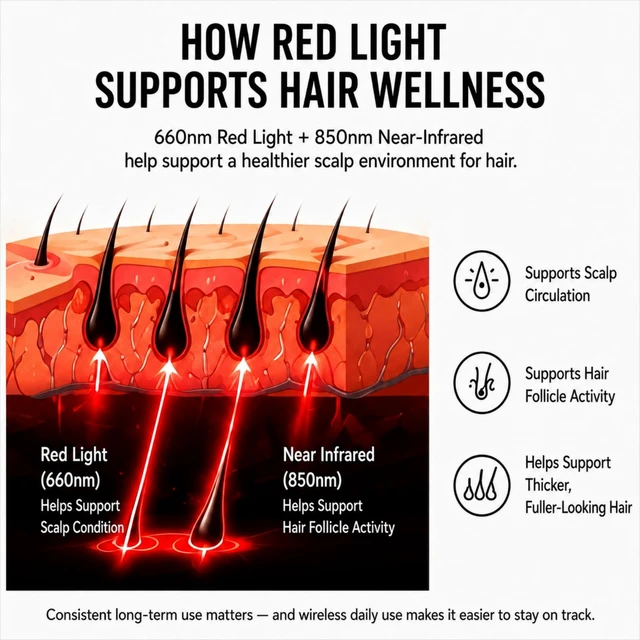 Alt view image 3 of 6 - Cordless Red Light Hair Growth Cap, 96 LEDs with Auto Timer | 660nm + 850nm light, 4 brightness levels and timed auto-off. Lightweight, breathable and hands-free.