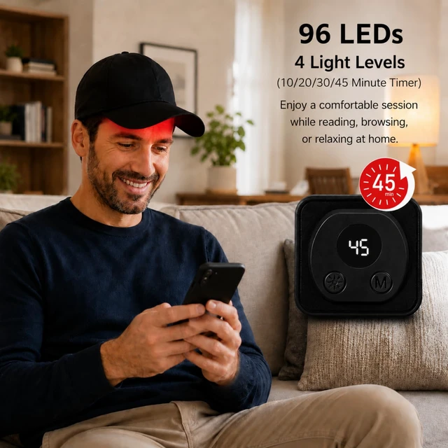 Alt view image 5 of 6 - Cordless Red Light Hair Growth Cap, 96 LEDs with Auto Timer | 660nm + 850nm light, 4 brightness levels and timed auto-off. Lightweight, breathable and hands-free.