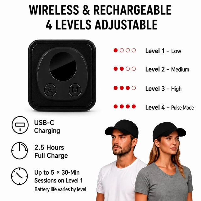 Alt view image 4 of 6 - Cordless Red Light Hair Growth Cap, 96 LEDs with Auto Timer | 660nm + 850nm light, 4 brightness levels and timed auto-off. Lightweight, breathable and hands-free.
