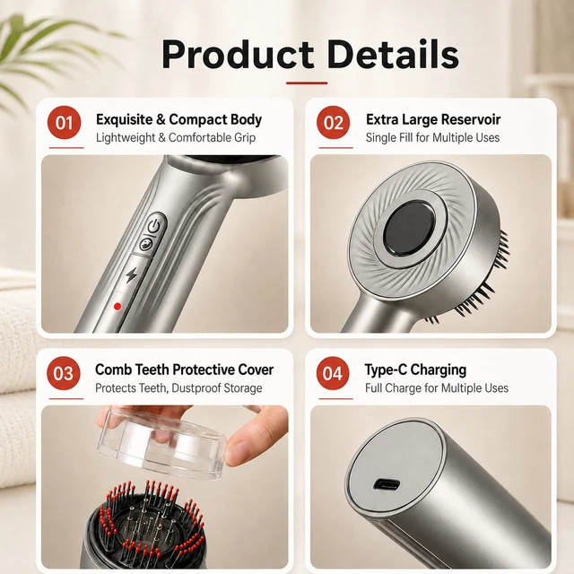 Alt view image 4 of 6 - 3-in-1 Hair Oil Applicator, Electric Head Massage Tool, Multi-Function Hair Care Brush, Rechargeable Type-C - Silver