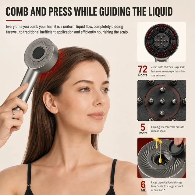 Alt view image 6 of 6 - 3-in-1 Hair Oil Applicator, Electric Head Massage Tool, Multi-Function Hair Care Brush, Rechargeable Type-C - Silver