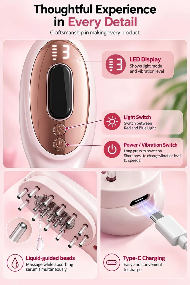 Alt view image 4 of 7 - Scalp Serum Applicator 4-in-1 Hair Brush, Electric Scalp Massager with Liquid Delivery, LED Light Therapy, Vibration Massage, Cordless Hair & Scalp Care Comb