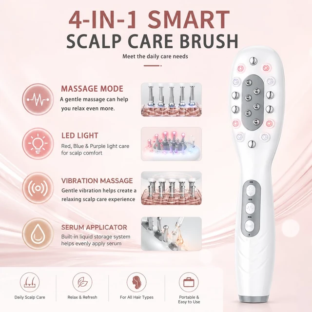 Alt view image 4 of 7 - Electric Scalp Care Brush with LED Light, Gentle Vibration Function & Detachable Serum Applicator, Rechargeable Hair Comb for Daily Hair Care Routine