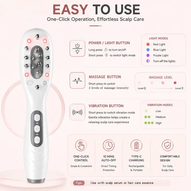 Alt view image 2 of 7 - Electric Scalp Care Brush with LED Light, Gentle Vibration Function & Detachable Serum Applicator, Rechargeable Hair Comb for Daily Hair Care Routine