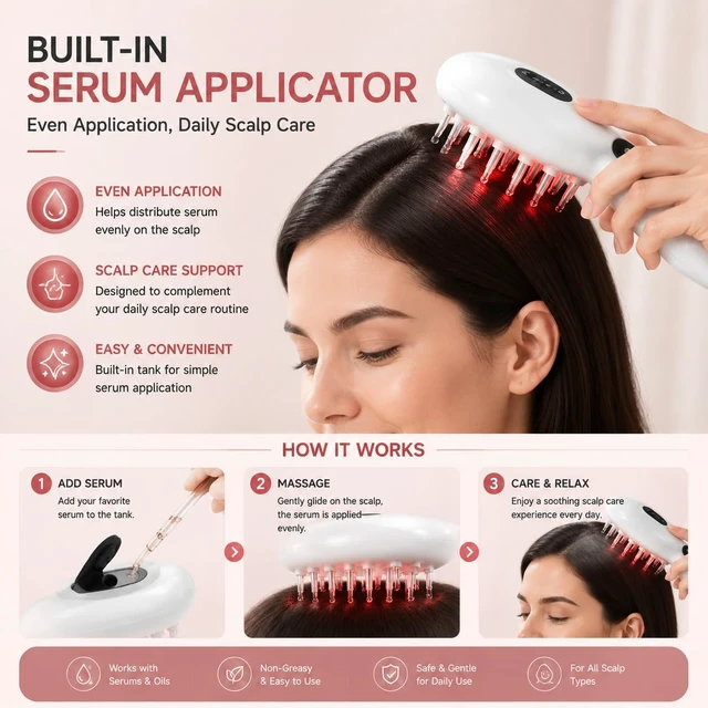 Alt view image 3 of 7 - Electric Scalp Care Brush with LED Light, Gentle Vibration Function & Detachable Serum Applicator, Rechargeable Hair Comb for Daily Hair Care Routine