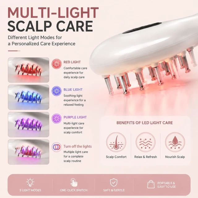 Alt view image 6 of 7 - Electric Scalp Care Brush with LED Light, Gentle Vibration Function & Detachable Serum Applicator, Rechargeable Hair Comb for Daily Hair Care Routine
