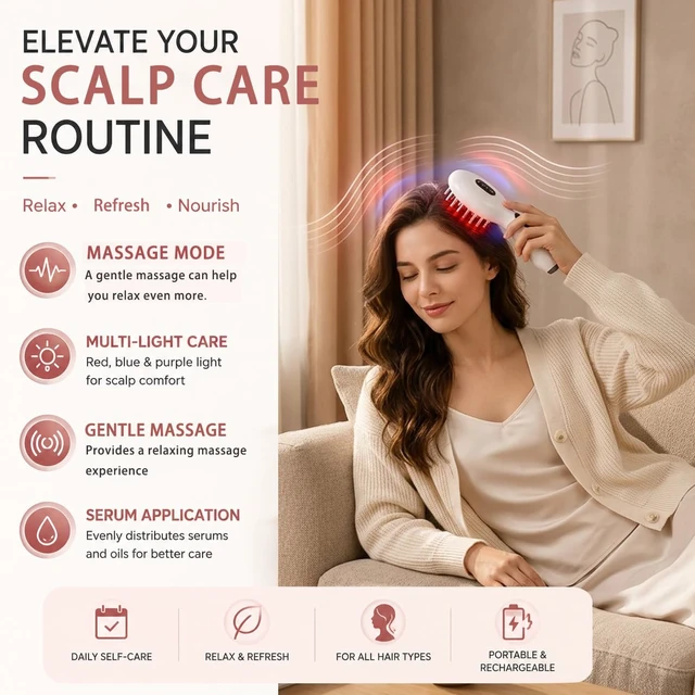 Alt view image 7 of 7 - Electric Scalp Care Brush with LED Light, Gentle Vibration Function & Detachable Serum Applicator, Rechargeable Hair Comb for Daily Hair Care Routine